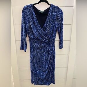 LAUREN RALPH LAUREN 10 woman blue Faux Wrap midi polyester dress quiet luxury